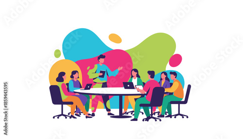 Team meeting illustration Diverse colleagues collaborate present ideas and discuss strategy