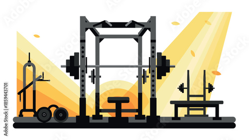Gym equipment silhouette: modern fitness bench, dumbbells, and weight machines