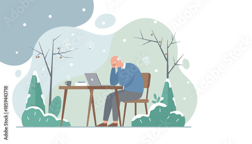 Stressed senior man working on laptop outdoors in winter snow feeling overwhelmed and isolated