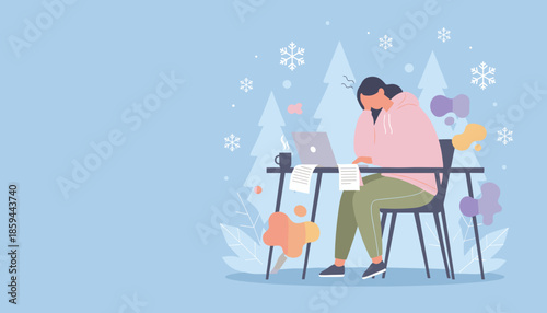 Stressed woman working remotely on a laptop in a cold winter environment WFH burnout concept