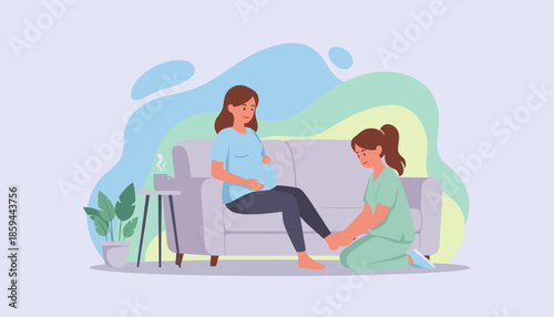 Nurse giving foot massage to pregnant woman on sofa Prenatal care comfort and maternity wellness