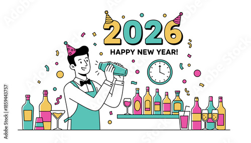 Happy New Year 2026 Festive bartender shaking drinks for a party countdown celebration