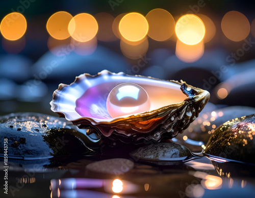 Luminous pearl inside an open oyster shell resting on wet dark rocks with magical golden bokeh background lights. Generative AI