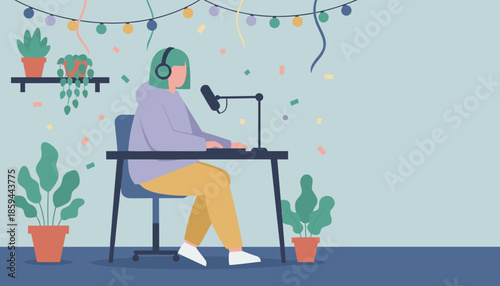 Podcaster recording audio in a decorated festive home studio Modern creative workspace illustration
