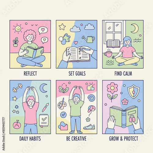 Pastel illustration grid showing six steps for selfcare reflection goal setting calm habits creativity and growth