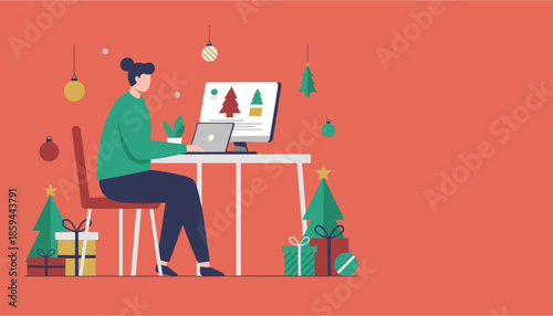 Designer working remotely on a laptop surrounded by Christmas decorations and gifts Holiday business concept