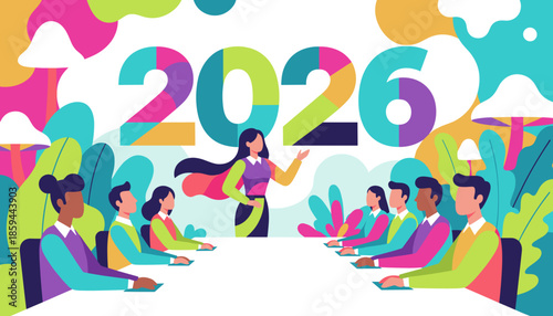 Diverse business team planning 2026 strategy Leadership presentation at a colorful corporate meeting