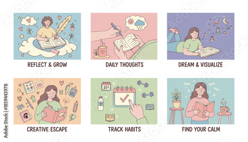 Journaling and selfcare set reflection creative escape dream visualization tracking habits finding calm