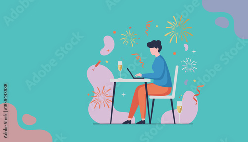 Man works remotely on laptop during a festive online celebration with fireworks and champagne