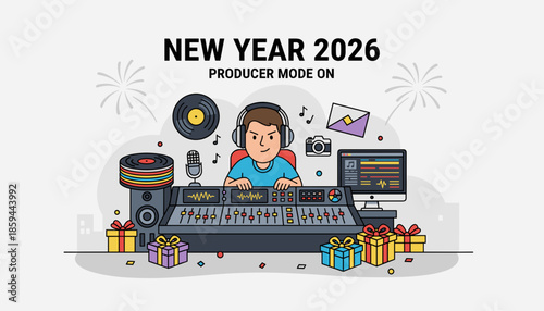 New Year 2026 music producer working at the mixing console Creative professional mode illustration