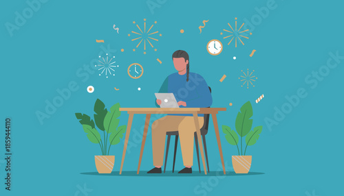 Remote worker focused on tablet near midnight clocks and celebratory fireworks symbolizing deadlines or New Years work