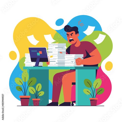 Angry businessman overwhelmed by massive paperwork piles at his desk symbolizing stress and job burnout