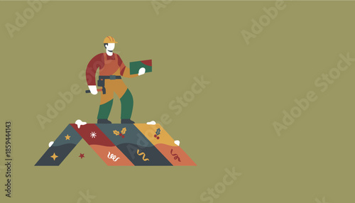 Contractor on a festive roof holding a package Seasonal home repair and construction illustration