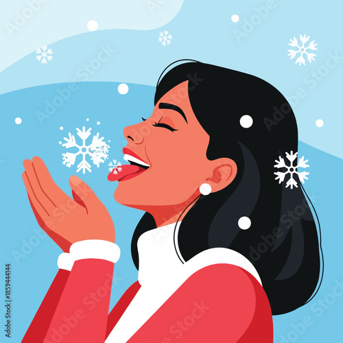 Woman in red catching snowflakes happily.