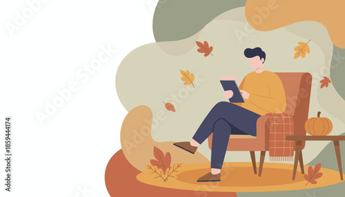 Illustration of man relaxing with tablet in an armchair celebrating cozy autumn vibes