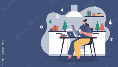 Multitasking woman works remotely on laptop and devices in a modern Christmas kitchen illustration