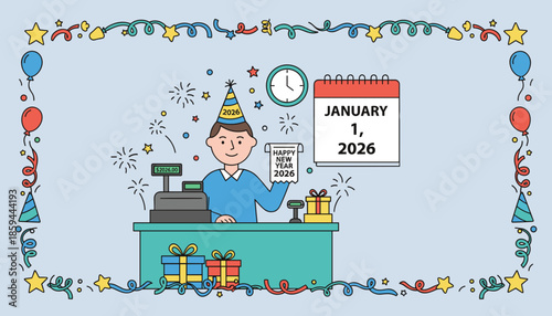 Happy New Year 2026 business concept with retail worker gifts and cash register showing successful sales