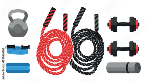 Essential gym equipment set: jump rope, kettlebell, dumbbells, and fitness accessories in flat design