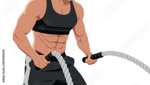 Athletic woman training with battle ropes in activewear