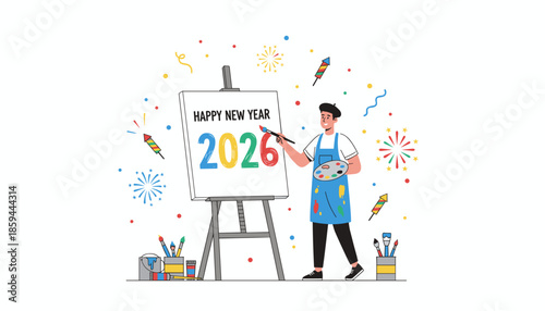 Artist painting Happy New Year 2026 on a canvas celebrating creative beginnings and future goals