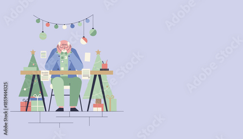 Elderly man stressed working on Christmas during the holiday season Burnout and office overload