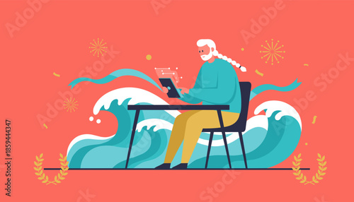 Digital challenge Senior man working on a tablet amidst stylized waves and celebration