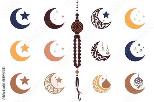 A collection of crescent moon and star icons with a rosary on a white background