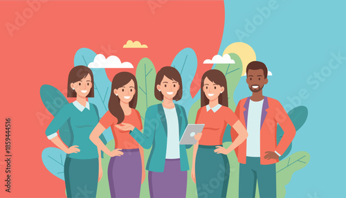 Diverse business team collaboration illustration outdoors representing success partnership and leadership