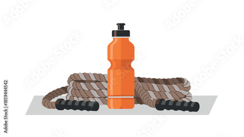 Water bottle and exercise rope on gym mat
