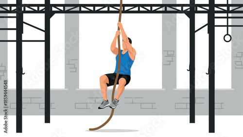 Man climbing rope in modern gym setting with industrial design elements