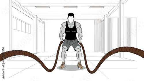 Monochrome fitness illustration of man exercising with battle ropes in gym setting