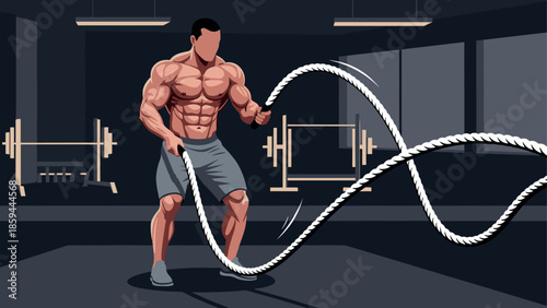 Muscular man training with battle ropes in modern gym setting