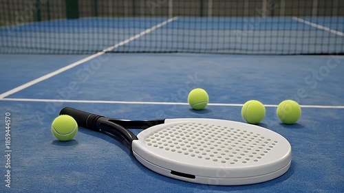 Paddle Tennis Racket and Yellow Balls on Blue Court Surface Against Netting Background in Outdoor Setting