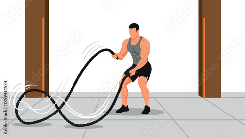 Fitness enthusiast training with battle ropes in the gym
