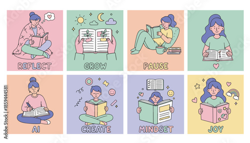 Doodle icons showing people reading reflecting and learning concepts like growth joy creation and mindset