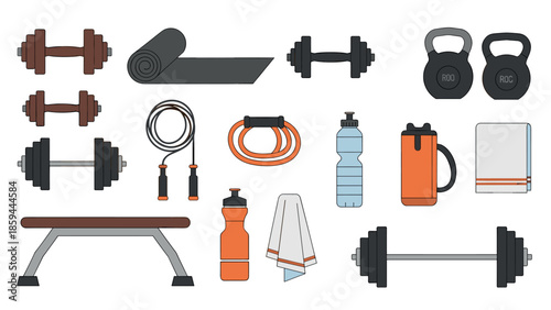 Fitness equipment collection featuring flat dumbbells, kettlebells, and yoga mat