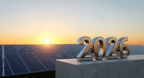 Wallpaper Mural A solar panel array at sunset with a 2026 sign on a pedestal Torontodigital.ca