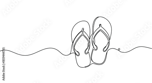 Pair of summer flip flops is depicted in a simple continuous line drawing style with a minimalist aesthetic.