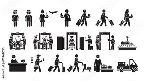 Set of black and white airport security, travel, and baggage handling pictograms
