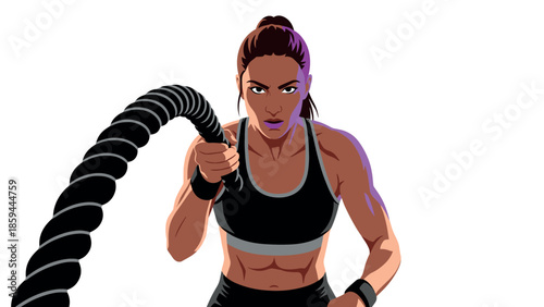 Dynamic fitness woman training with battle ropes in action-packed scene