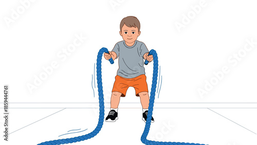 Young boy exercising with battle ropes in sportswear at home gym