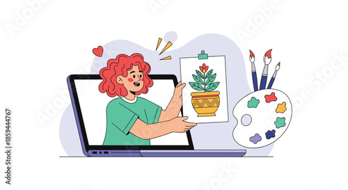 Enthusiastic woman appears on a laptop screen showing her flower painting during an online creative art workshop.