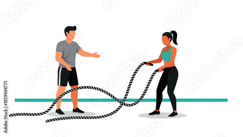 Fitness training duo engaged in battle rope workout on plain background