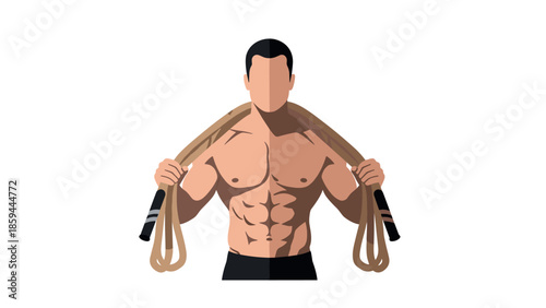 Muscular man with jump rope: fitness and strength training concept