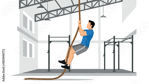 Man climbing rope in modern gym setting with minimalist design