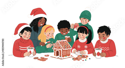 Group of diverse children gather around a table to joyfully decorate a gingerbread house with sweets for Christmas.