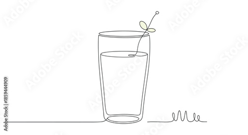 Clear glass of water features a small green sprout growing out of it in a unique minimalist line art concept.