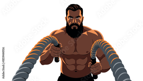 Muscular man training with ropes in dynamic fitness illustration