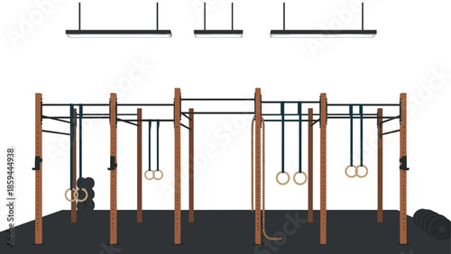 Modern gym equipment setup with gymnastic rings and pull-up bars