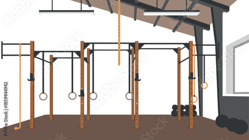 Modern gym interior with crossfit equipment and wooden racks for fitness training